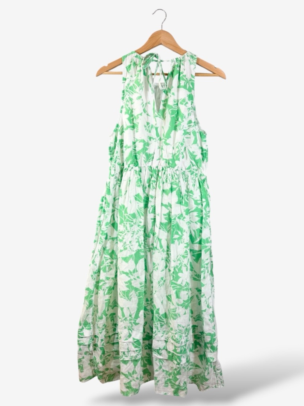 Caslon Green White Maxi Dress Size M Floral Print Racerback Tie Neck Tiered - Picture 11 of 12